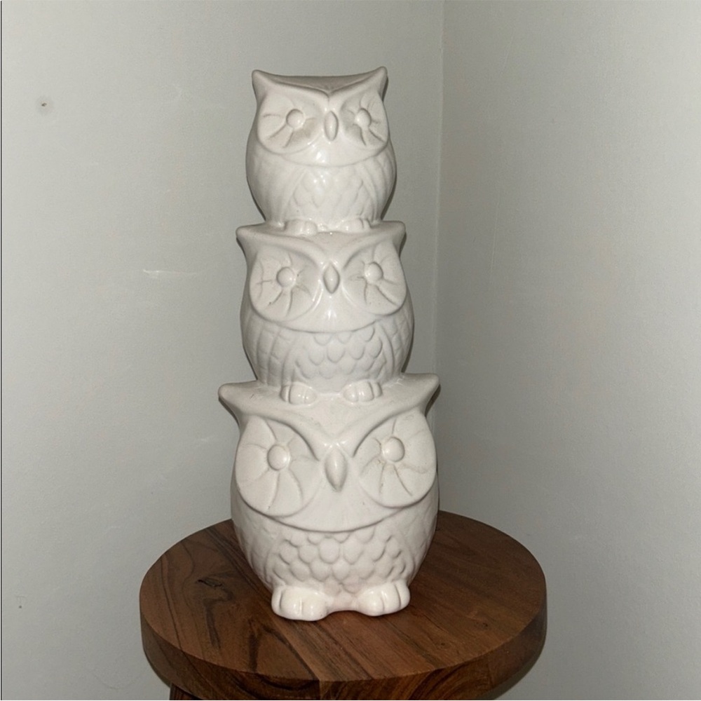 Simply White Ceramic  12" tall Owl Figurine Trio stack of 3
